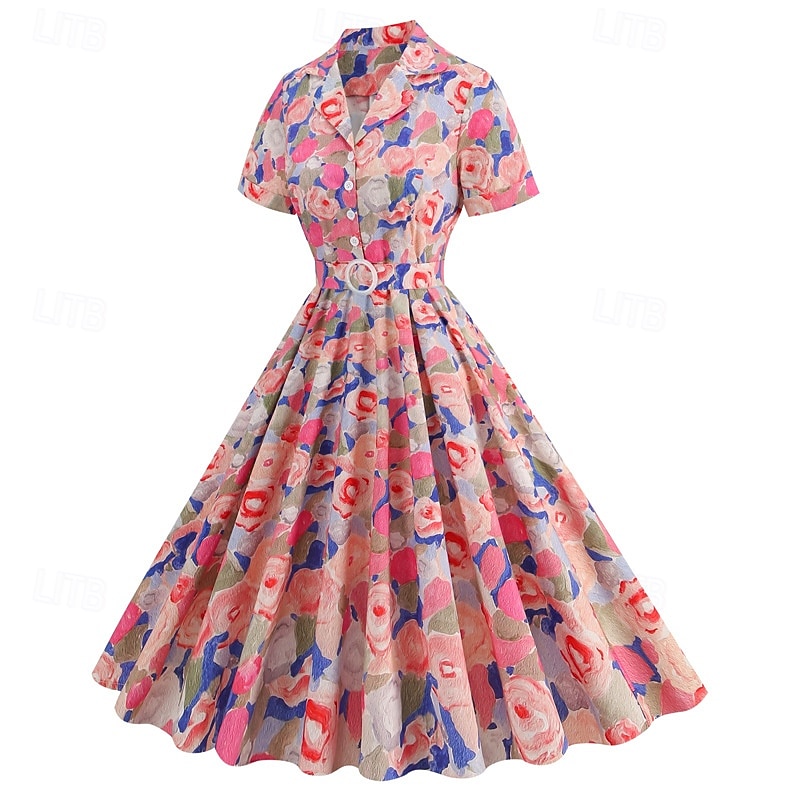 1950er Retro Vintage Midlänge Swing-Kleid Ausgestelltes Kleid Kurze Ärmel Blumen Tailliert und ausgestellt Kostüm Damen Karneval Valentinstag Lässig Heimkehr Retro-Mottoparty Erwachsene Kleid 2026 - $74.99 –P2