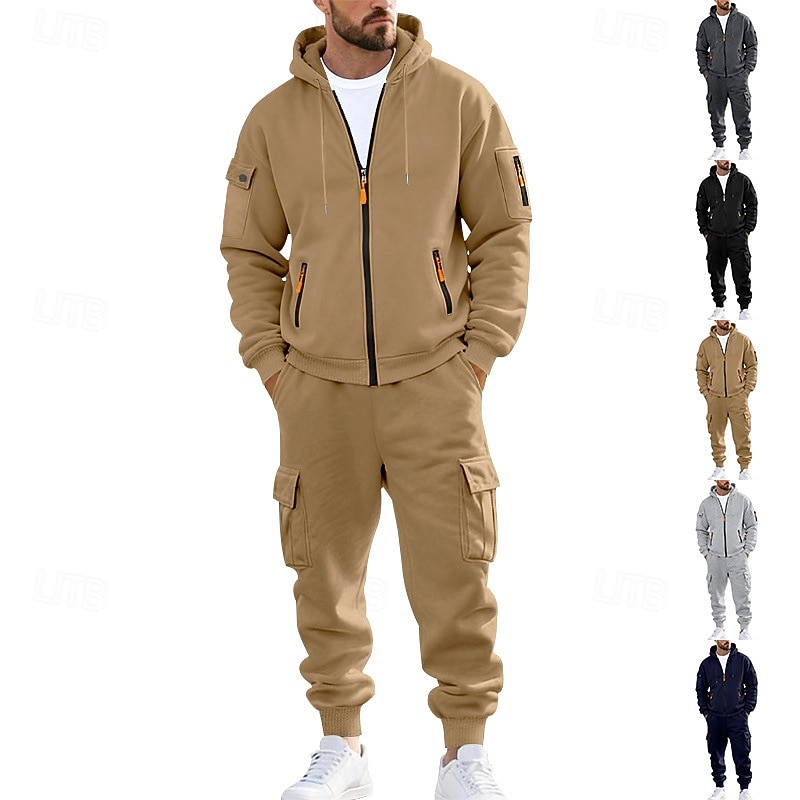 Men's Hoodie Tracksuit Hoodie & Pants Set Hoodie Daily Outdoor Vacation Daily Wear Drawstring Zip Up Plain Black Navy Blue Khaki Activewear Sports Fashion Fall 2026 - $54.99 –P1