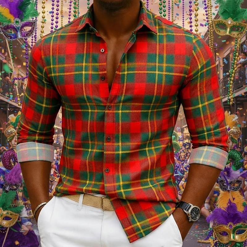 Carnevale Per uomo Grafico Plaid Camicia Camicia button-down Camicia da Spiaggia Manica Lunga Hawaiano Casual Confortevole Vacanza Ferie Martedì grasso Estate Primavera Collo ripiegato Stampa Rosso 1 del 2026 a $27.99 –P1