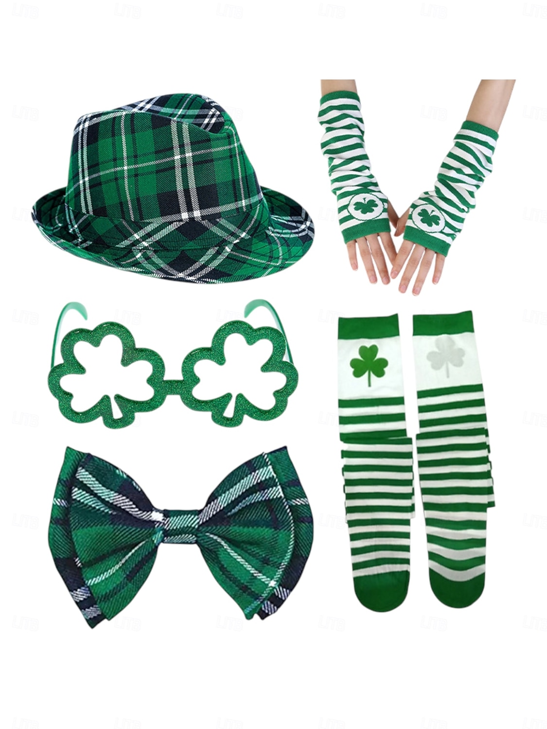 قبعة نسائية خضراء منقوشة بنقشة مربعات ليوم القديس باتريك، نظارات برسيم، قفازات، ربطة عنق &طقم جوارب مخططة – إكسسوارات احتفالية ممتعة لاحتفالات عيد القديس باتريك 2026 - $19.99 –P3