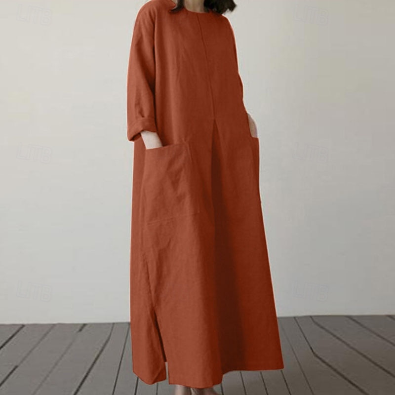 Mujer Vestido Midi Lino de algodón sintético Vestido de cambio Vestido informal Elegante Moda Moderno Diario Vacaciones Noche Ajuste regular Plano Manga Larga Cuello Barco Negro Verde Ejército 2026 - $28.99 –P1
