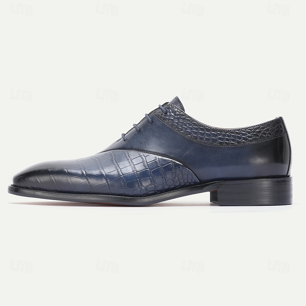 Sapatos derby masculinos em couro azul com estampa de crocodilo – design luxuoso com fivela e acabamento premium, ideais para ocasiões formais, casamentos e uso no escritório. de 2026 por $94.99 –P4