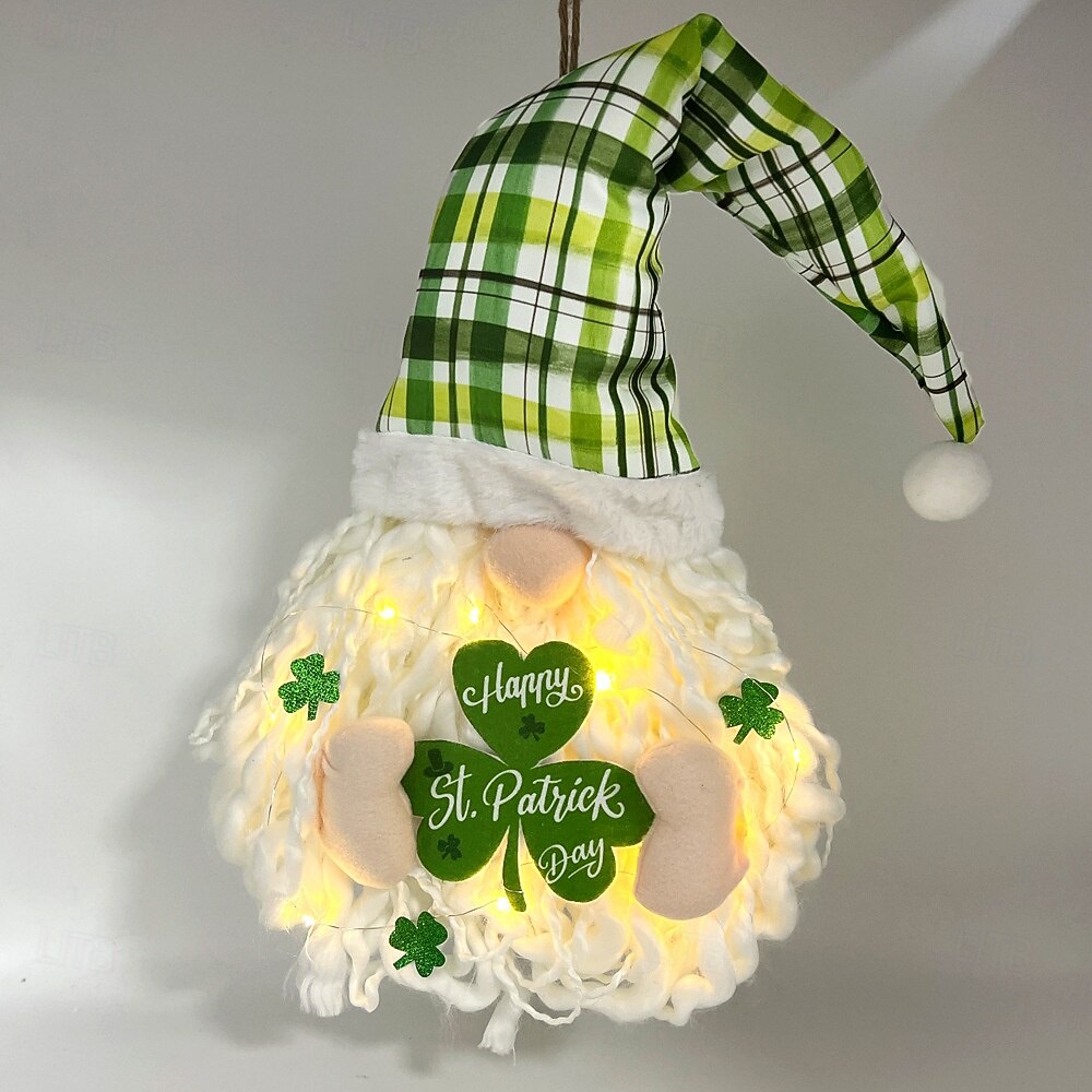 Szent Patrik-napi ír koszorú LED-es fényekkel, lóhere, arctalan baba, törpe dísz, 60x30cm, beltéri/kültéri veranda, fali dekoráció, nappali, étkező, parti ünnepi dekoráció 2026 - $17.99 –P1