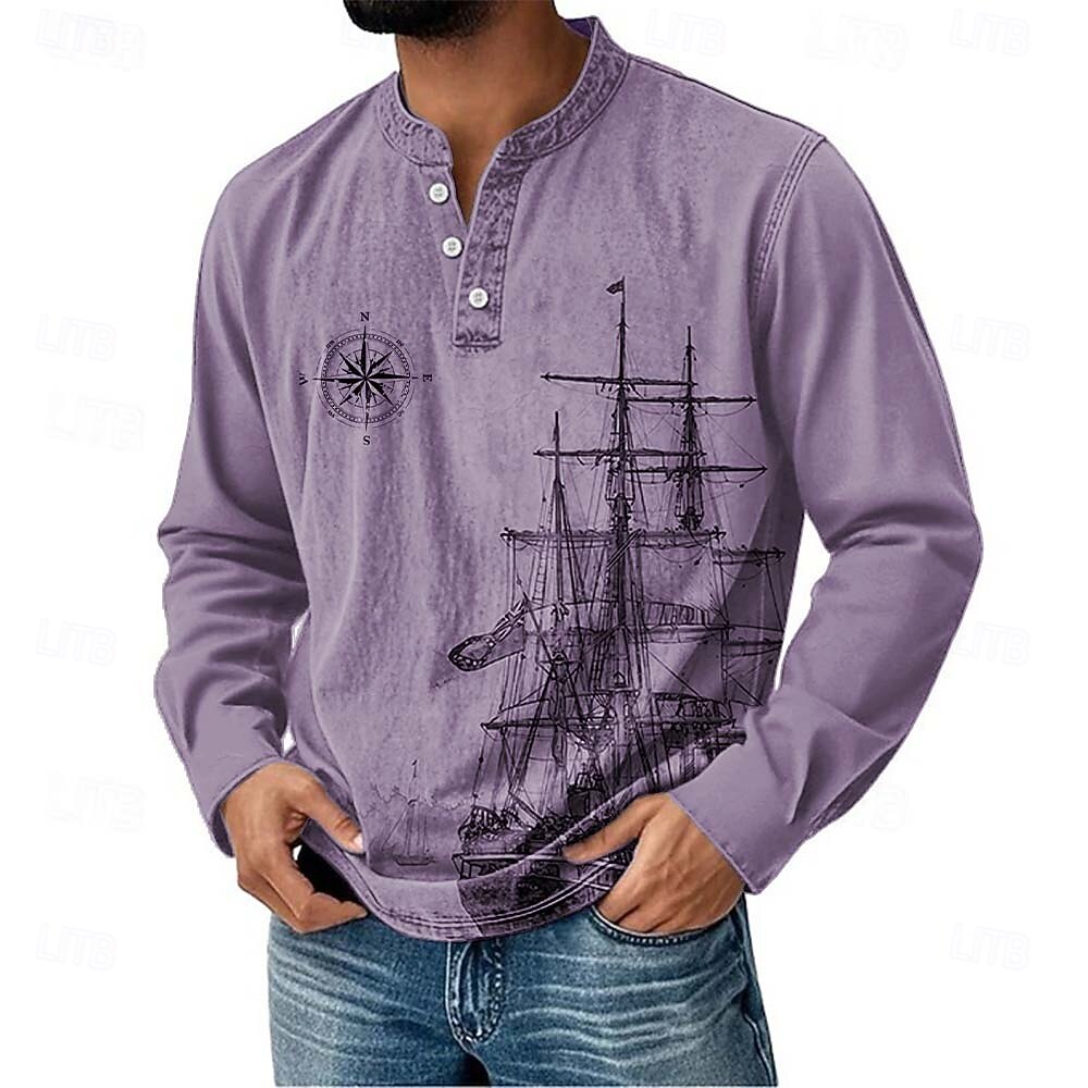 Herren Nautisch Segelboot Henley Hemd T-Shirt Langarm Täglich Retro Vintage Lässig Lässig Ferien Ausgehen Frühling Frühling & Herbst Ganzjahres Grau Hellblau Purpur Khaki Henley Henley T-Shirt 2026 - $20.99 –P3