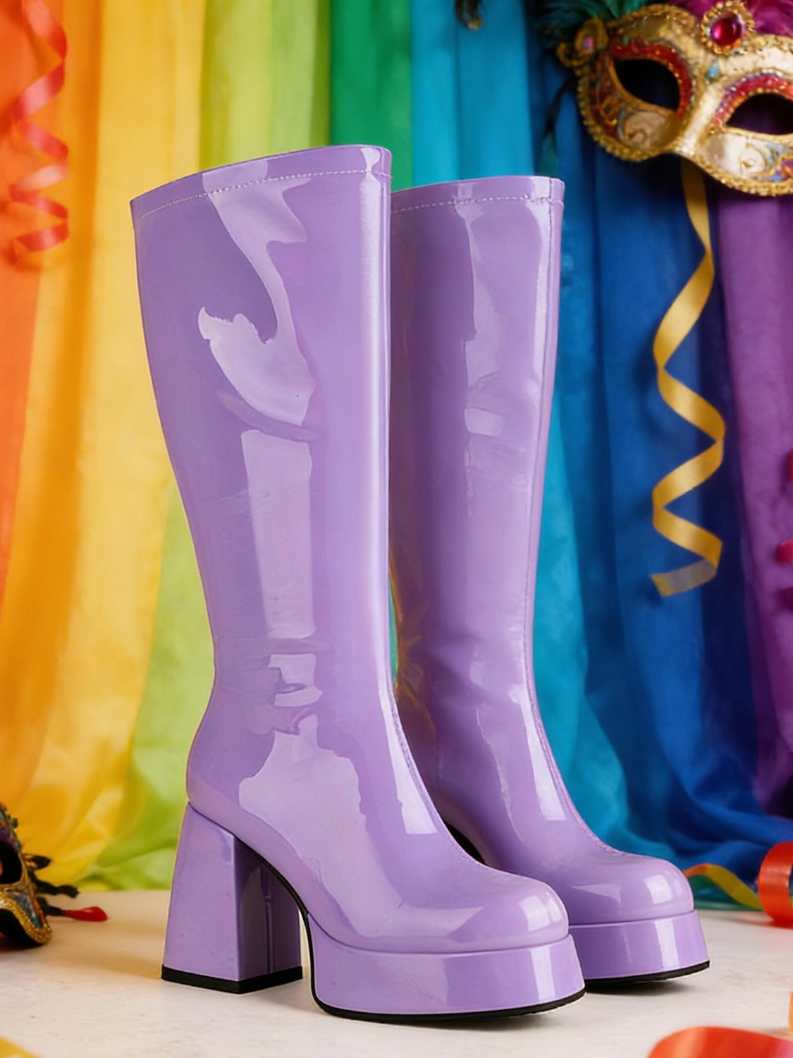 Women's Mardi Gras 1980s Retro Purple Platform Knee-High Boots with Block Heels – Shiny Patent Faux Leather, Perfect for Carnival Parades and Festive Celebrations 2026 - $84.99 –P6