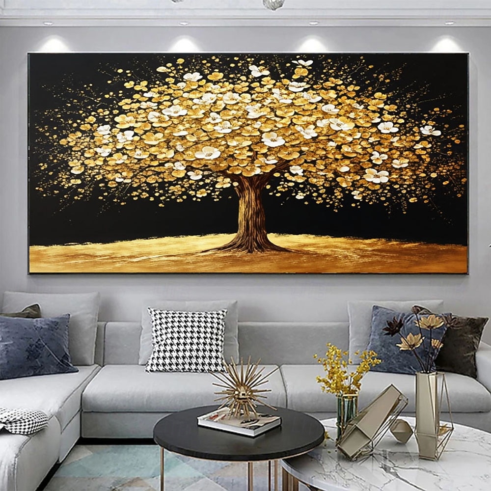 2026年 金色の抽象的な木の絵、金色の花のキャンバスのテクスチャ絵画