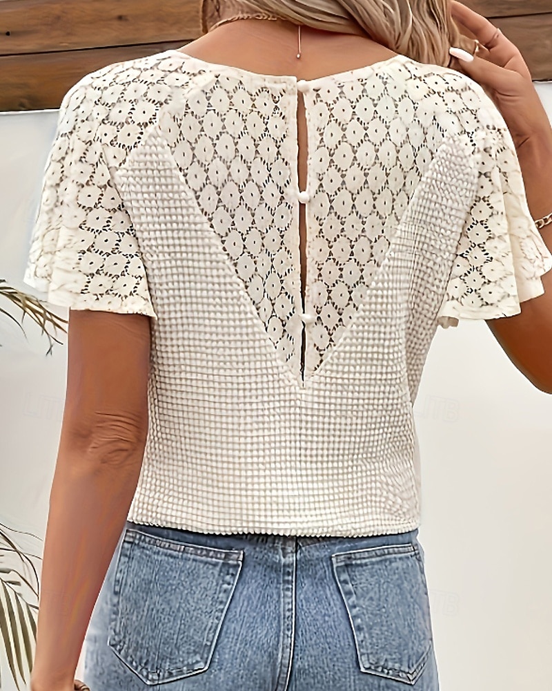 Femmes Tee-shirt Gaufre T-shirt Chemisier Hauts en dentelle Dentelle Patchwork Uni Actif ancien Manche Courte Col en V Hauts Réguliers Quotidien Fête Sortir Abricot Été Printemps de 2026 ? $21.99 –P4