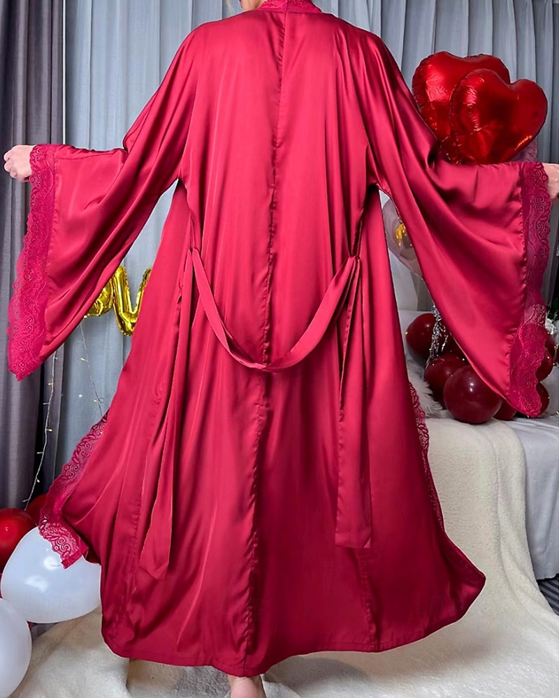 Γυναικεία Ρόμπα Καθημερινό Μαλακή Σατέν Μονόχρωμες Δαντέλα Παντελόνι Καθημερινά Σπίτι Κρεβάτι Μακρυμάνικο Λαιμόκοψη V Μαύρο Λευκό Κρασί Ρουμπίνι Καφέ Καλοκαίρι Άνοιξη Κανονικό 2026 - $39.99 –P7