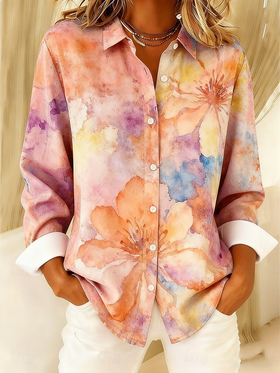 Mujer Camisa Botones Estampado Floral Graphic Elegante Casual Manga Larga Cuello Camisero Tops regulares Diario Rosa Primavera Otoño 2026 - $32.99 –P1