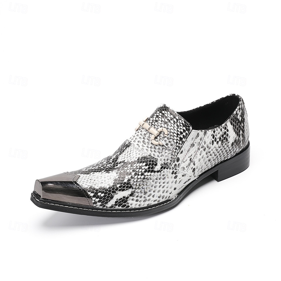 Men's White Snake Print Slip-On Shoes with Metal Accents – Stylish Formal Shoes for Evening Wear and Fashion-Forward Occasions 2026 - $119.99 –P3