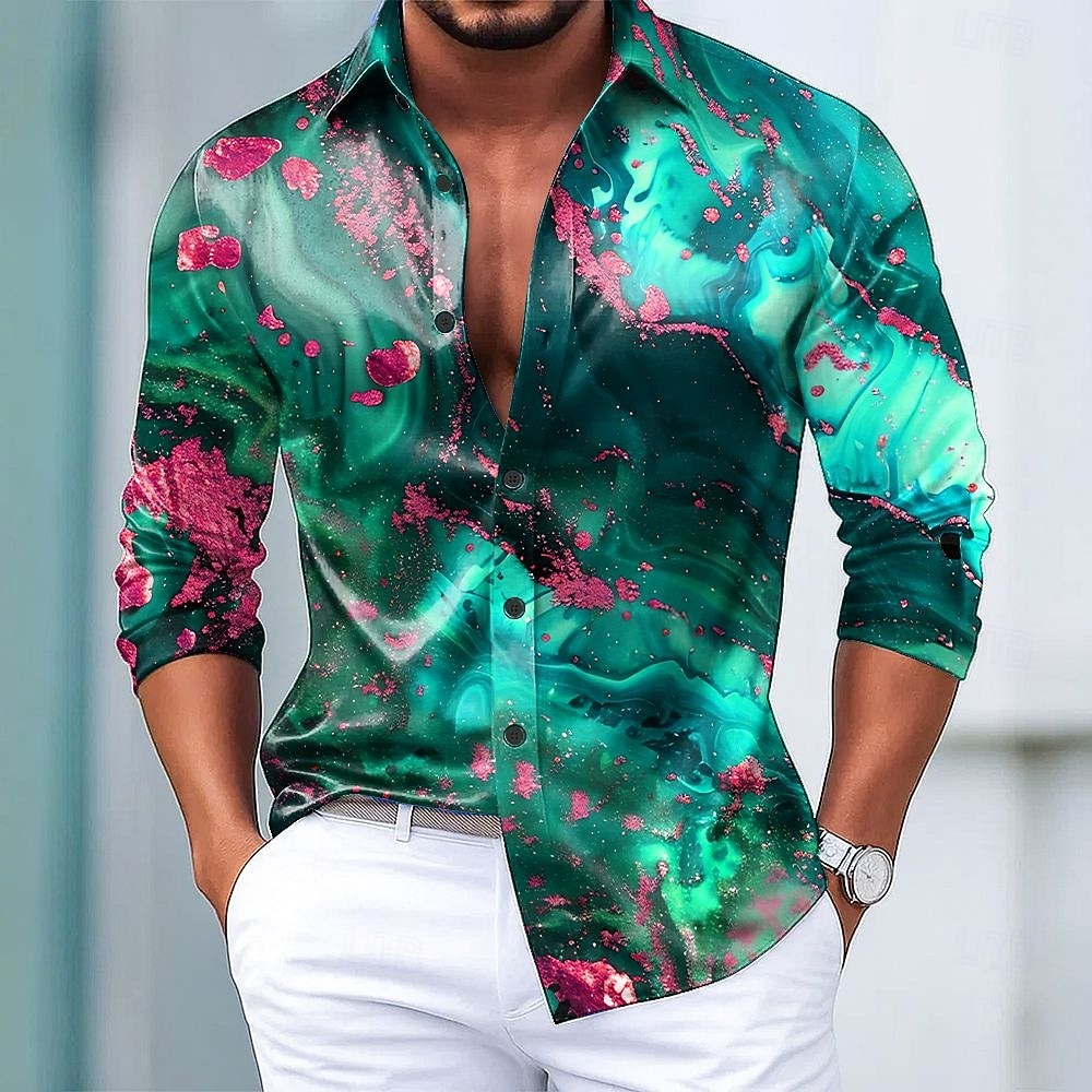 Herren Marmor Abstrakte Kunst Farbblockierung Hemd Satinhemd Kleidhemd Langarm Modisch lässig Urlaub Alltagskleidung Sommer Frühling Herbst Umlegekragen 3D-Druck Hemden mit Knopfleiste Blau Purpur 2026 - $29.99 –P3