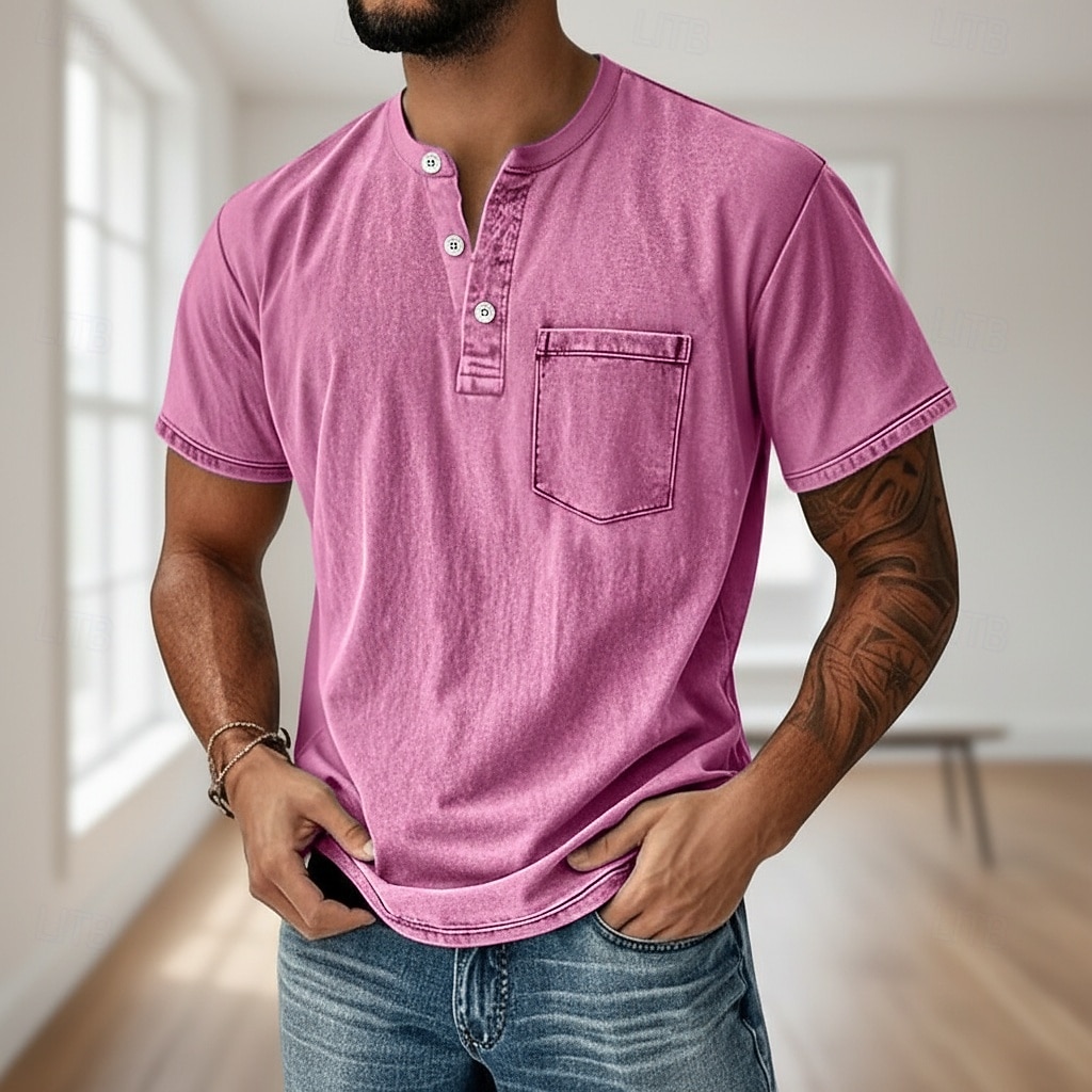 Men's Henley Shirt 100% Cotton Acid Wash Shirt T shirt Tee Short Sleeve Solid Retro Vintage Casual Vintage Style Washed Henley Casual Summer Spring Fall Black Pink Light Green Henley T-Shirt 2026 - $31.99 –P9