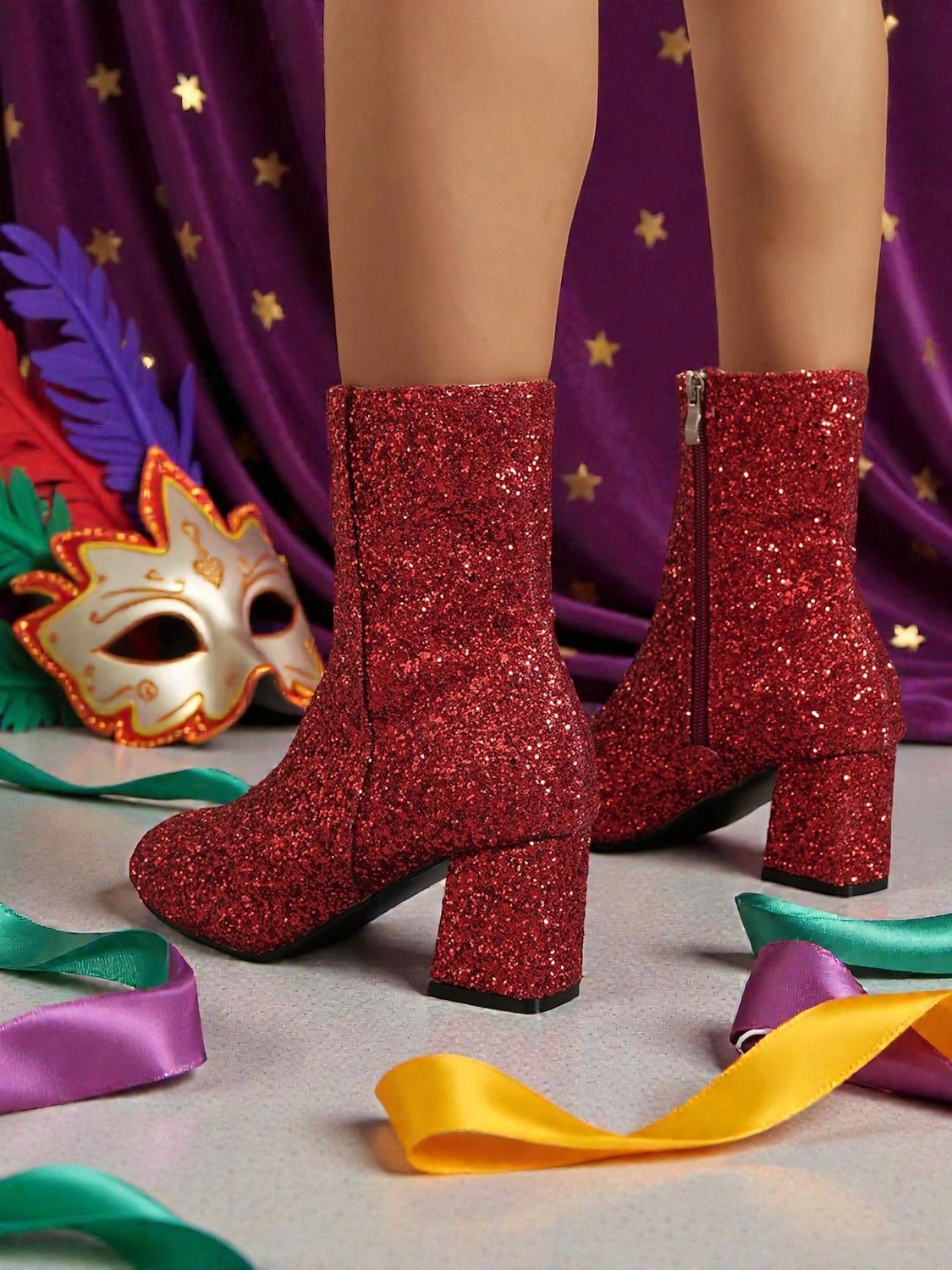 2026年 ウィメンズ マルディグラ ピンク グリッター 膝丈ブーツ ブロックヒール付き - きらめく、大胆なファッションステートメント、カーニバル、フェスティバル、コスチュームパーティーに最適  コレクション – $54.99 –P10