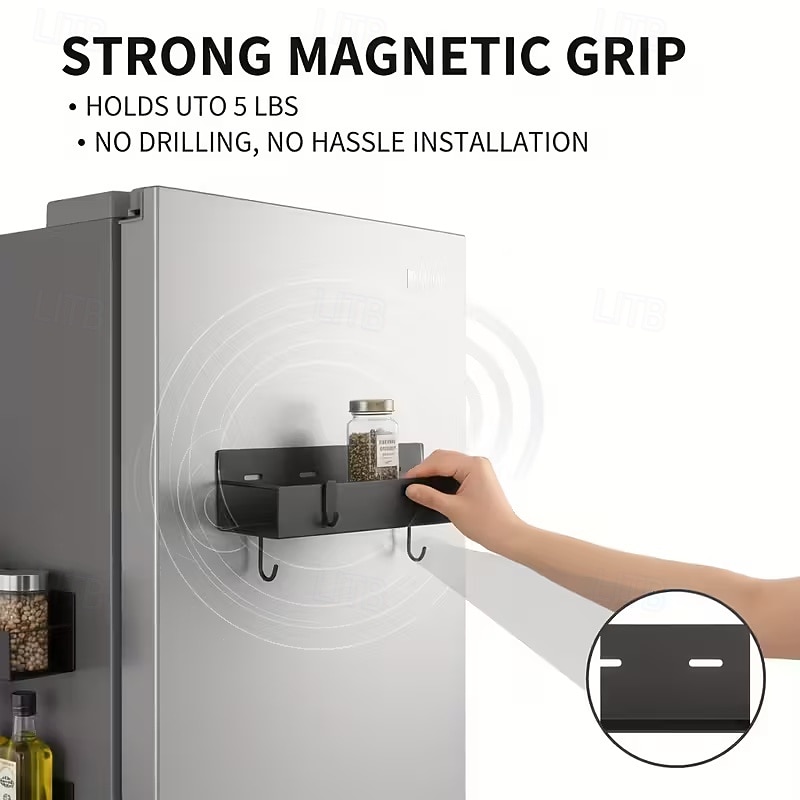 2 магнитных органайзера для холодильника с 4 съемными крючками, магнитная полка для хранения без сверления, боковая полка для хранения на холодильнике, компактные аксессуары для кухни и ванной, 2026 - $22.99 –P11