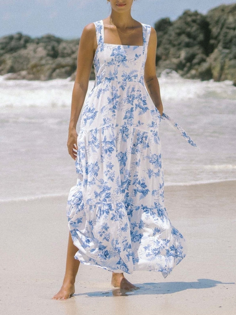 Damskie Sukienka maxi Sukienka A line Sukienka na ramiączkach Urlop Codzienny Na zewnątrz Wyjściowe Luźna Kwiaty Graficzny Bez rękawów Cienkie ramiączka Niebieski Błękit nieba Pomarańczowy Zielony 2026 - $33.99 –P13