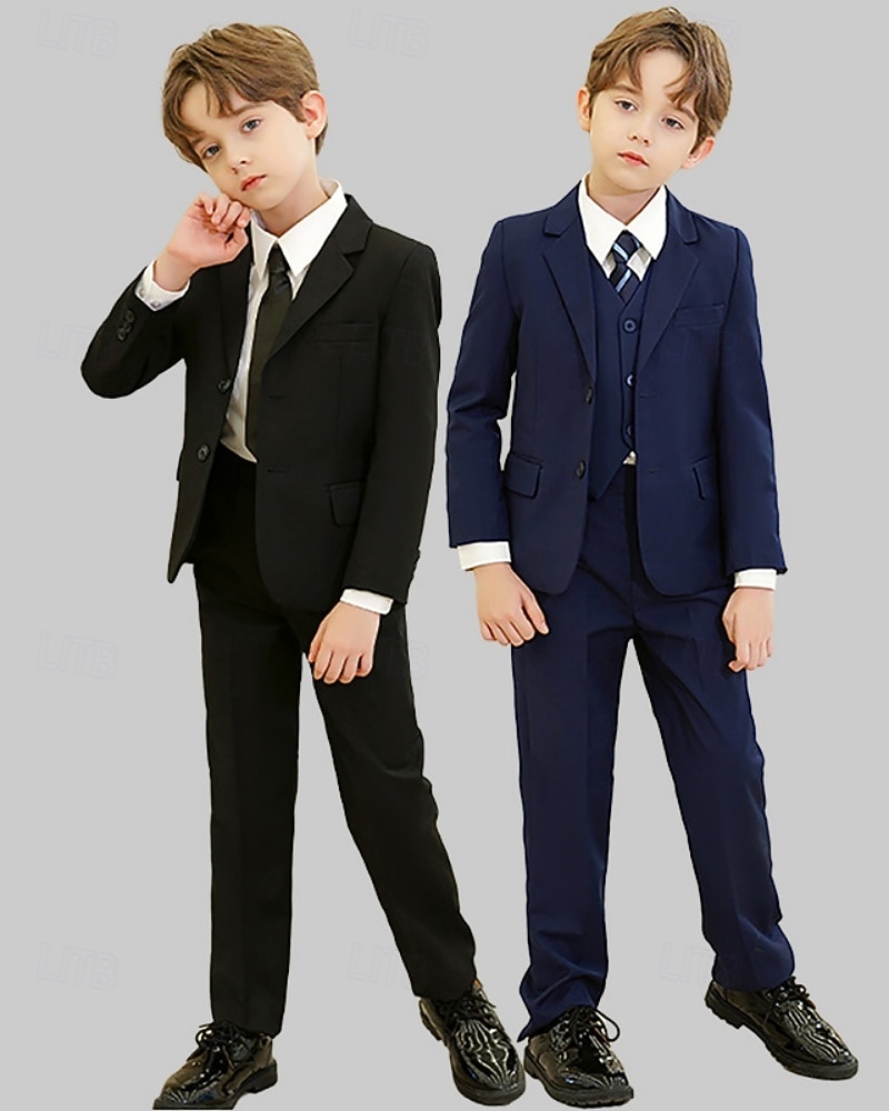 5 Pieces Ring Bearer Suit Boys' Kids Suit Blazer & Vest & Pants & Shirt & Tie Boy's Formal Suit Casual Outdoor Party Fashion Cool Basic Solid Color Pocket Buttons Black Navy Blue Polyester 2026 - $64.99 –P1