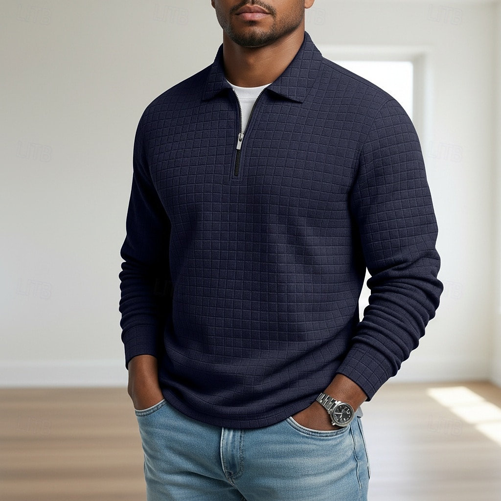 Homens Camisas Polo Waffle Textura Casual Ao ar livre Com Zíper Quarter Zip Manga Longa Moda Moderno Côr Sólida Textura Zip Up Primavera & Outono Todas as Estações Normal Preto Branco Vinho Azul de 2026 por $18.99 –P3