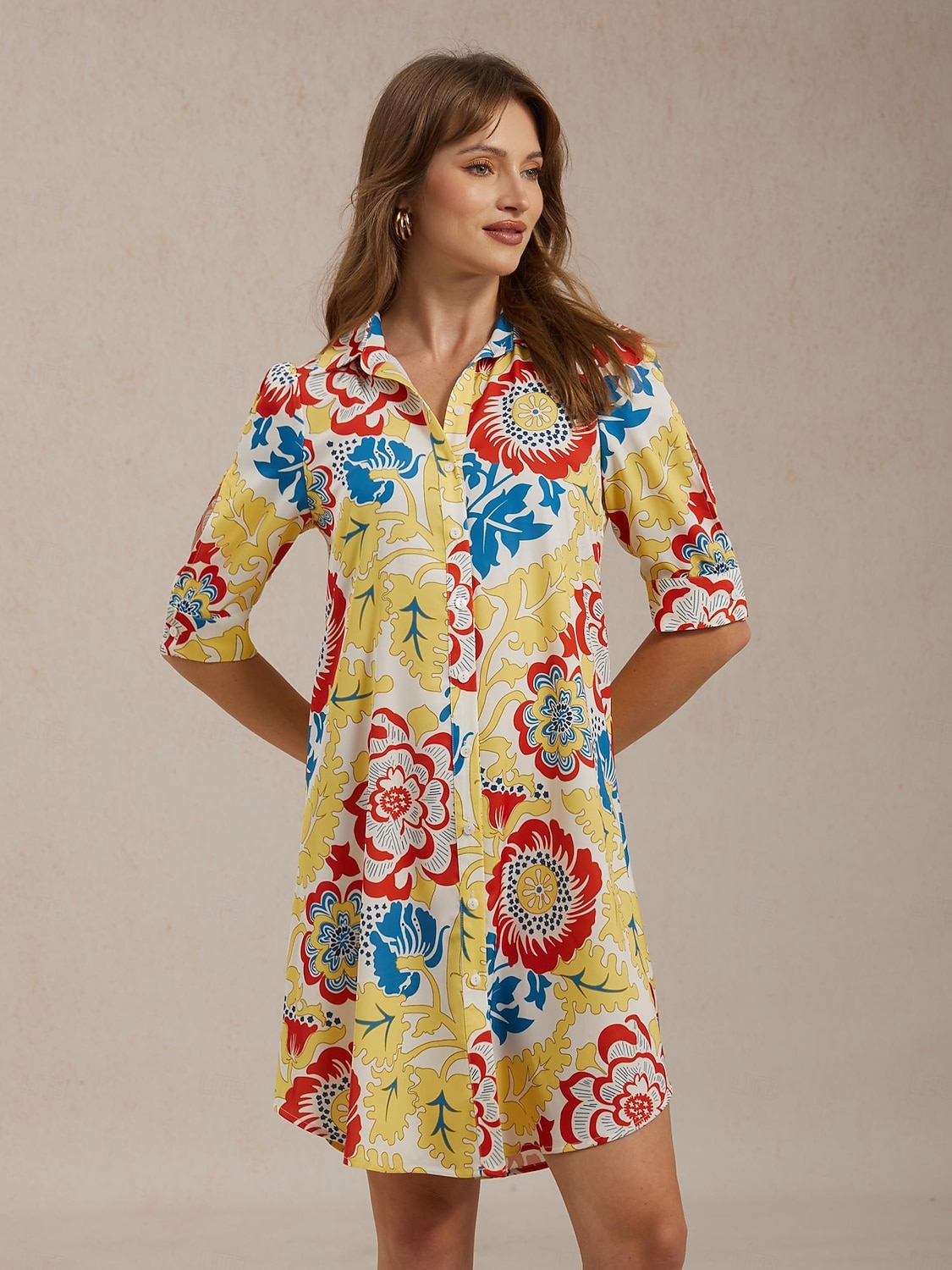 Vacation Satin Yellow Floral Print Shirt Mini Dress 2026 - $91.99 –P7