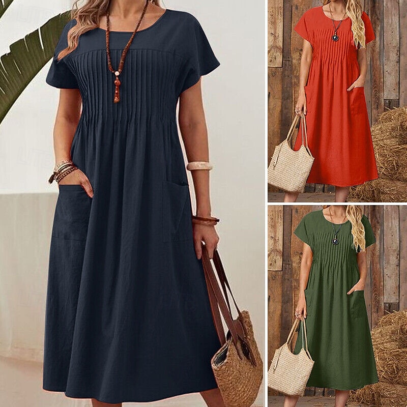 Zomerjurk voor dames, linnen, casual, V-hals, midi-jurk, korte mouwen, A- lijn, strandjurk, zonder accessoires, midi-jurk, zomer, korte mouwen, katoen, A-lijn, linnen jurk, boho, lange zomerjurken Zomerjurk voor dames, linnen, casual, V-hals, midi-jurk, korte mouwen, A- lijn, strandjurk, zonder accessoires, midi-jurk, zomer, korte mouwen, katoen, A-lijn, linnen jurk, boho, lange zomerjurken