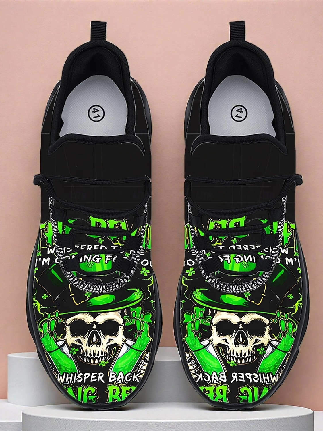 Sneakers da uomo con stampa teschio: design unico verde e nero con struttura resistente, perfette per il giorno di San Patrizio e per l'abbigliamento casual del 2026 a $46.99 –P3