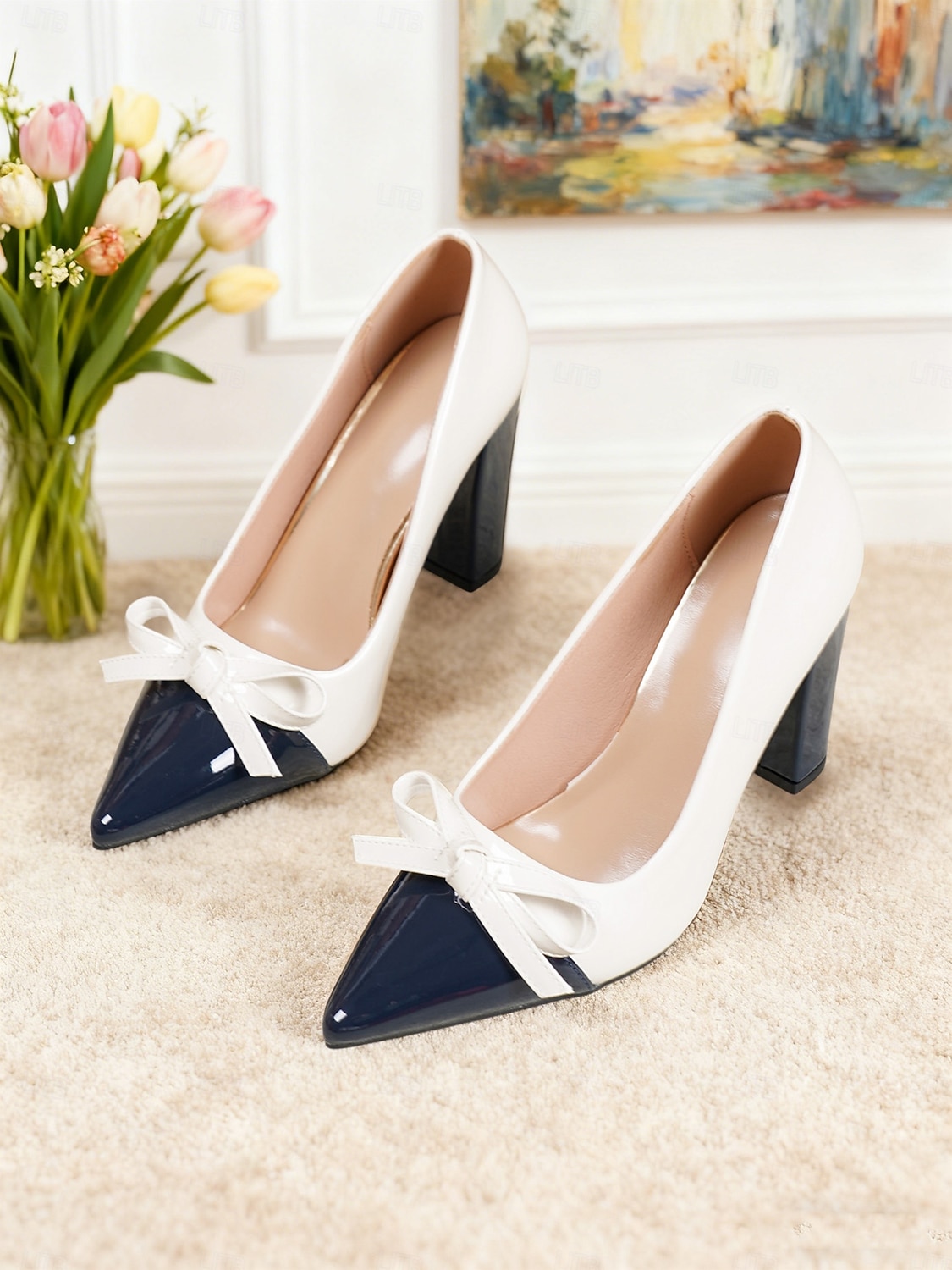 Dames tweekleurige groene en witte blokhak pumps - spitse neus met strikdetail, vintage chique stijl schoenen uit de jaren 50 voor werk, feestjes en dagelijkse outfits 2026 - $54.99 –P5