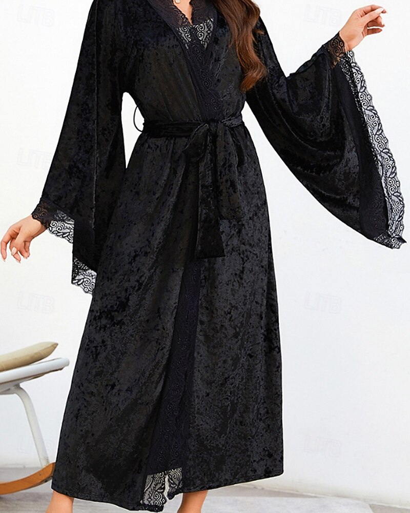 Women's Robe Casual Soft Satin Pure Color Lace Patchwork Daily Home Bed Long Sleeve V Neck Black White Wine Summer Spring Loose Fit 2026 - E£2245.39 –P8