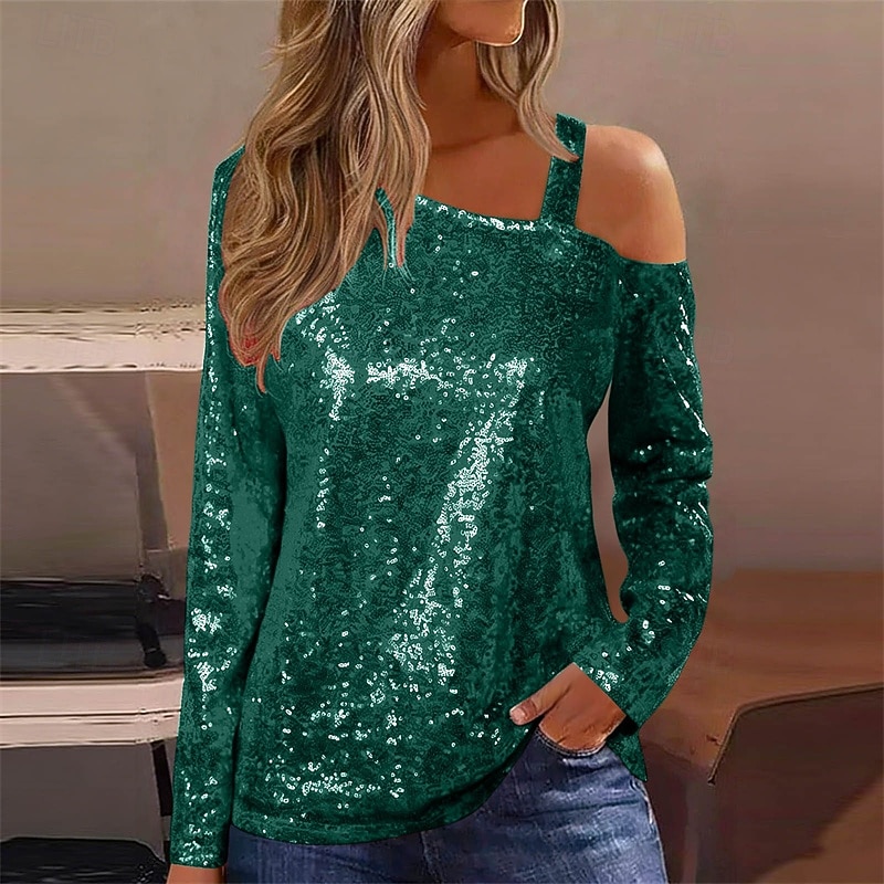 Damen Bluse Elegante Oberteile Pailletten-Oberteile Gerafft Pailletten Patchwork Einfarbig Einfach Elegant Vintage Stilvoll Langarm Asymmetrisch Normale Oberteile Täglich Arbeit Ausgehen Blau Schwarz 2026 - $12.99 –P5