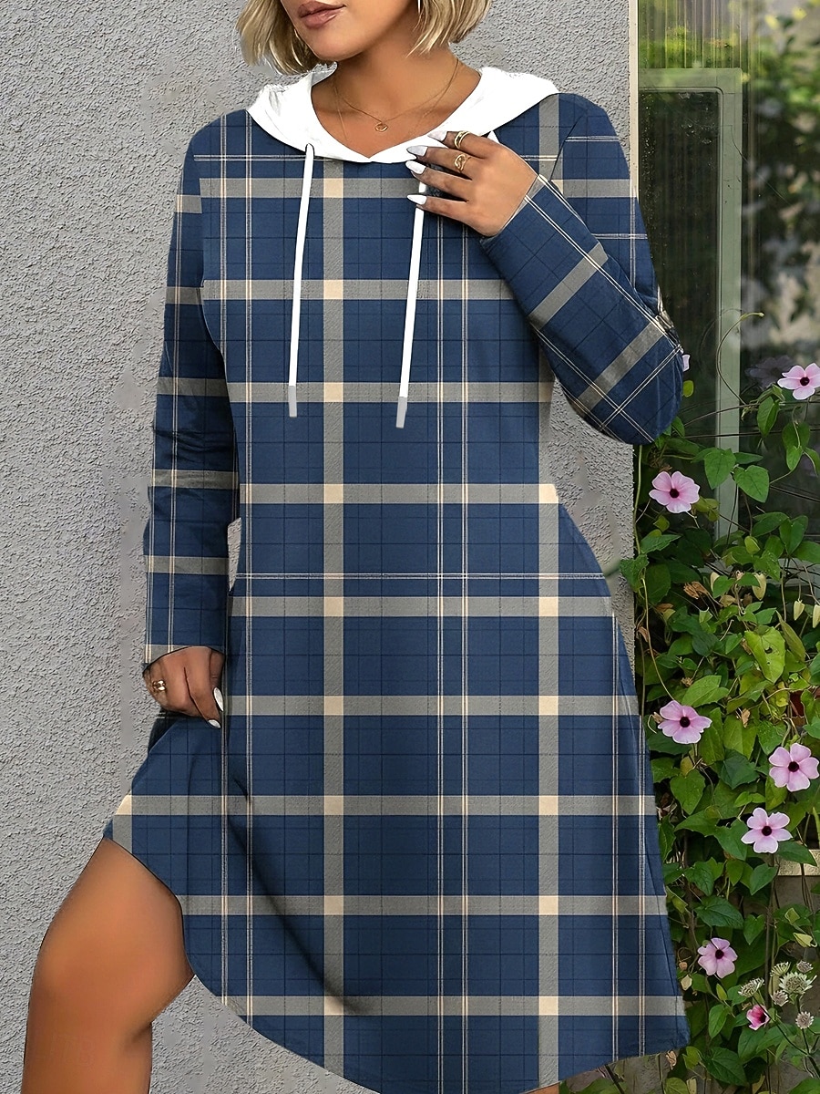 Damen Minikleid Kapuzenkleid Freizeitkleid Elegant Mode Modern Täglich Outdoor Wochenende Normale Passform Karomuster Langarm Mit Kapuze Blau Purpur Grün Frühling Herbst 2026 - $29.99 –P1