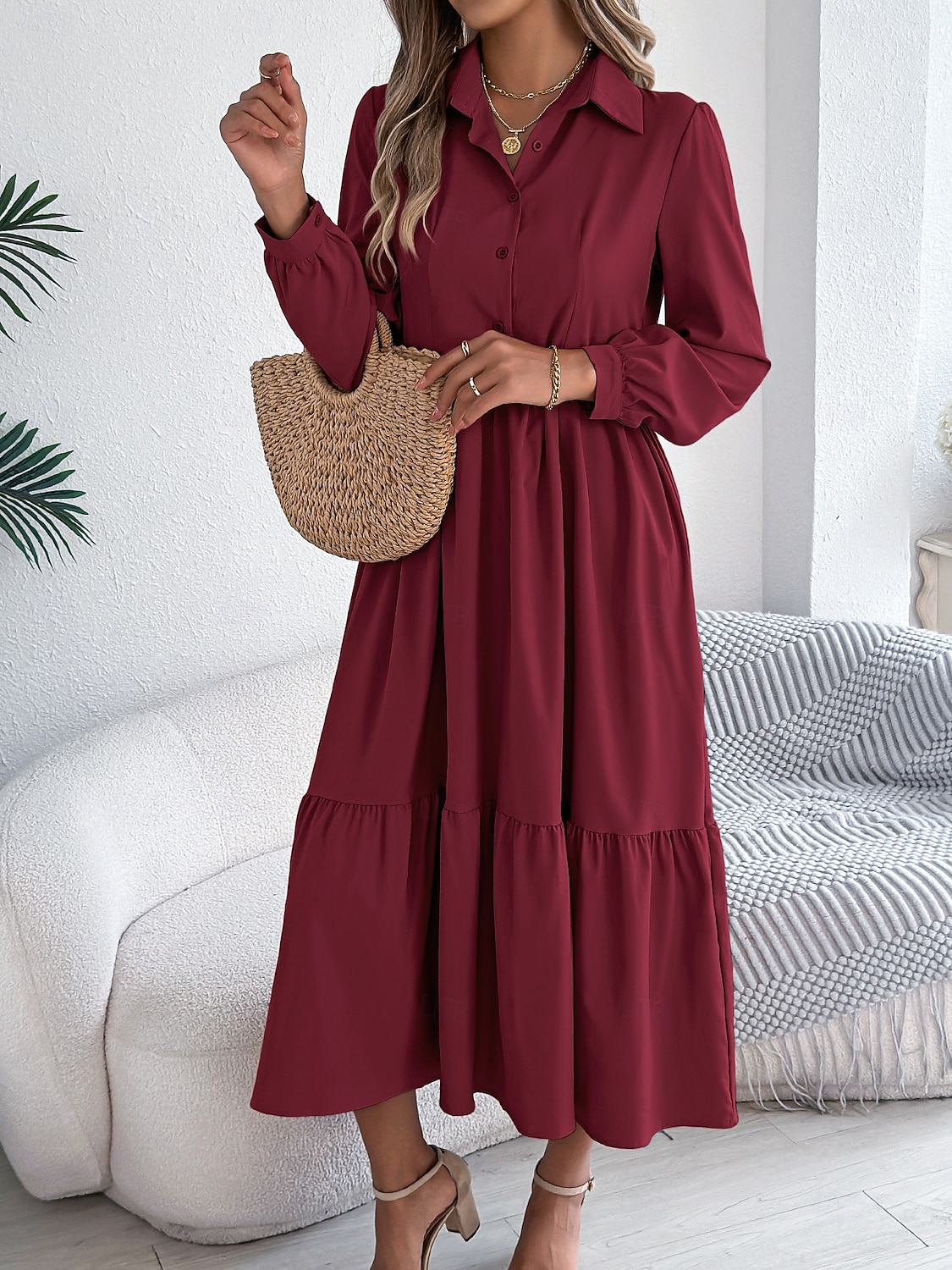 Women's Midi Dress A Line Dress Casual Daily Regular Fit Plain Long Sleeve Lapel Blue Navy Wine Green Spring 2026 - $36.99 –P3