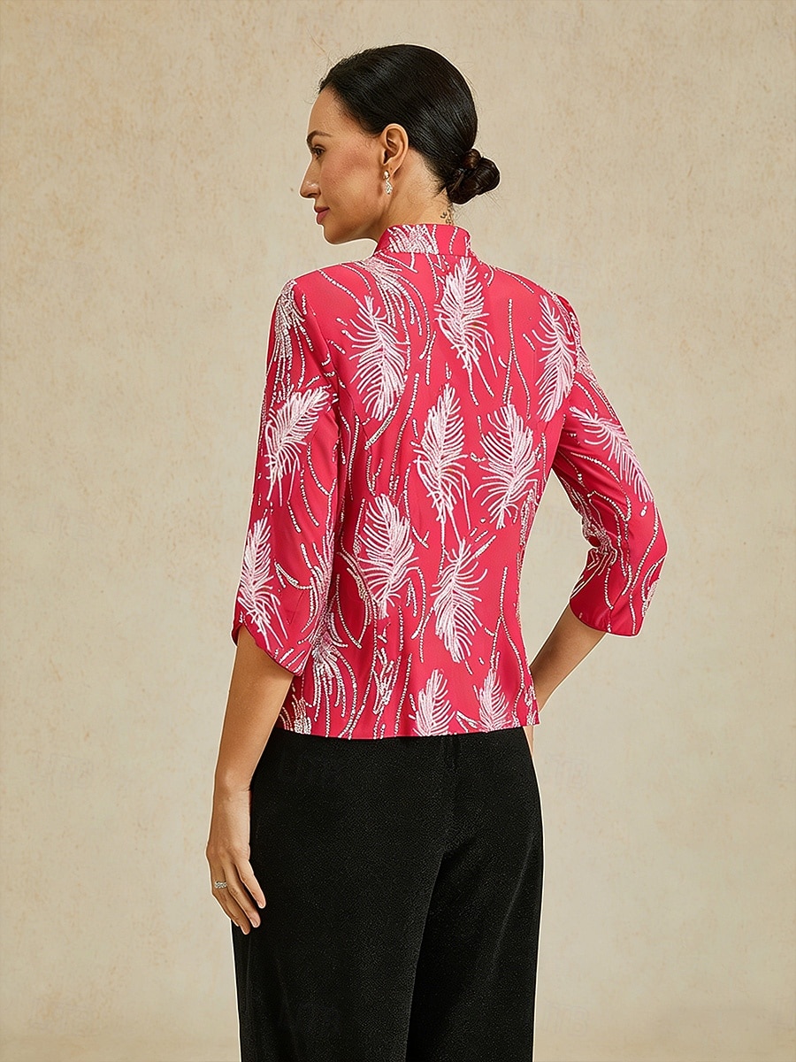 Mujer Tops con lentejuelas Conjunto doble Lentejuelas Pluma Elegante Manga 3/4 Collar mandarín Fiesta de Noche Traje de cóctel Fucsia Verano Primavera Otoño 2026 - $109.99 –P2