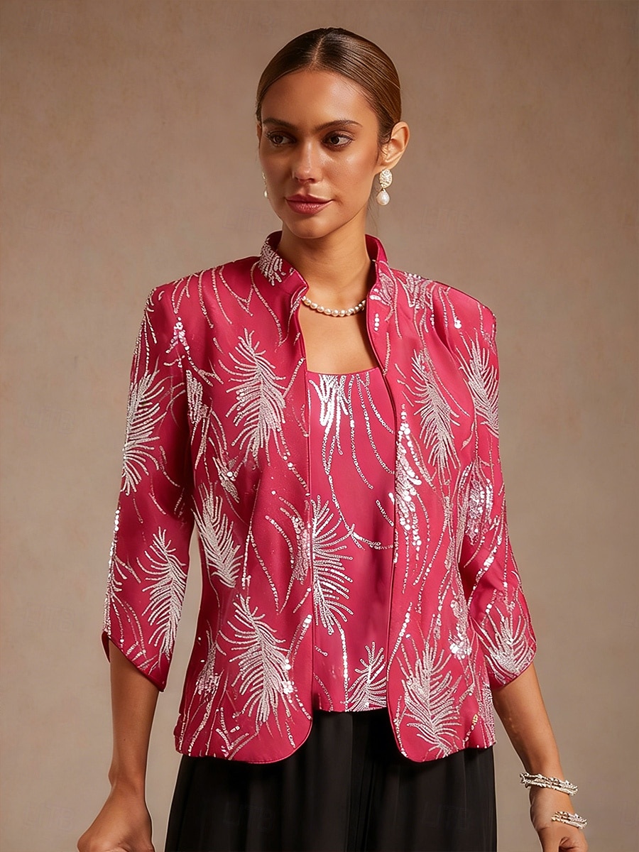 Mujer Tops con lentejuelas Conjunto doble Lentejuelas Pluma Elegante Manga 3/4 Collar mandarín Fiesta de Noche Traje de cóctel Fucsia Verano Primavera Otoño 2026 - $109.99 –P1