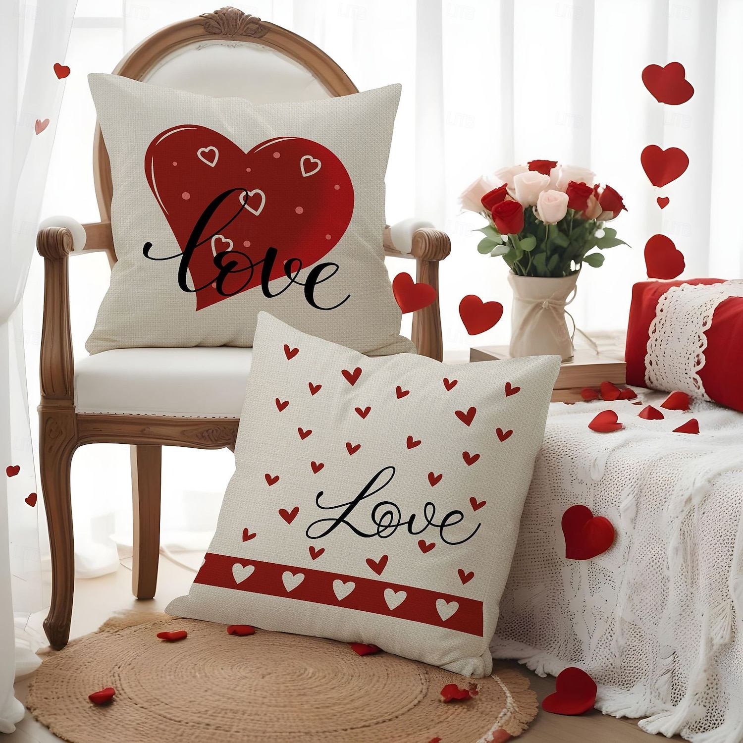 Kussensloop met rode hartjesprint voor Valentijnsdag, feestelijk "liefde"-design, decoratief kussen in Europese stijl, perfect voor op de bank of in de woonkamer, ideaal voor Valentijnsdag thuis en 2026 - $13.99 –P2
