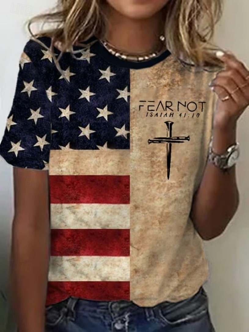 2026年 独立記念日 愛国者 女性用Tシャツ グラフィック フラッグ ヴィンテージ スタイリッシュ クラシック 半袖 クルーネック Vネック ラウンドネック レギュラー トップス デイリープリント ブルー 夏 春 秋  コレクション – $21.99 –P1