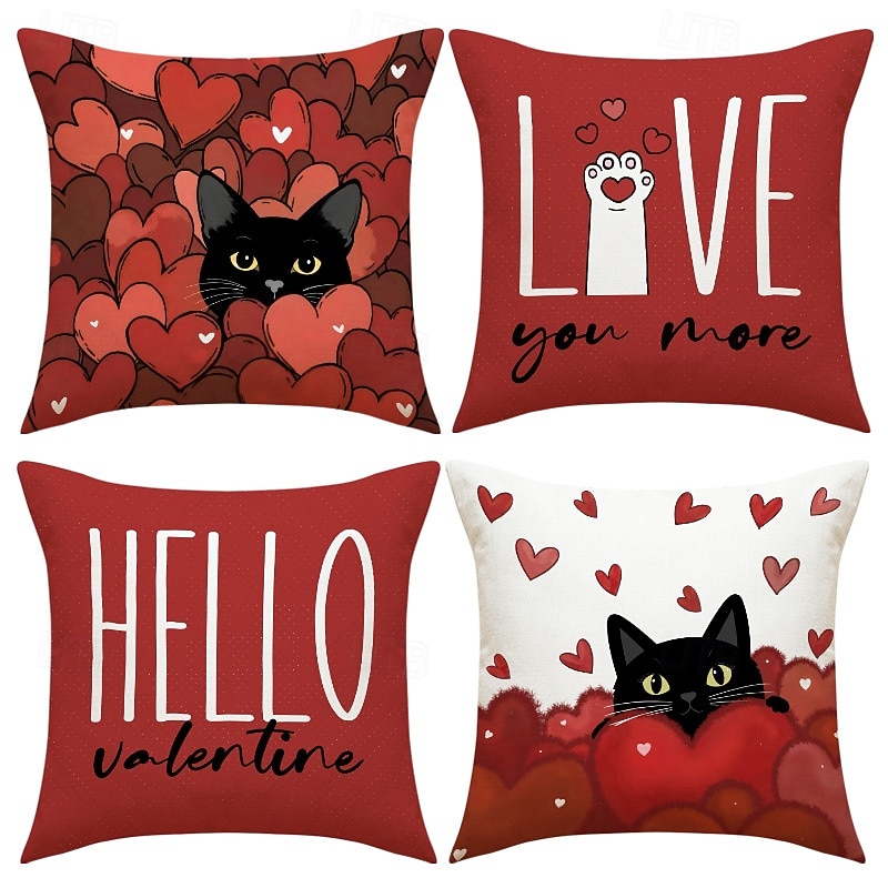 Ystävänpäivän kissakuvioinen tyynynpäällinen, sydänkuvioinen koristetyyny, täydellinen sohvalle, olohuoneeseen, makuuhuoneeseen, ihanteellinen romanttisen lomatunnelman luomiseen ja viihtyisään 2026 - $12.99 –P3