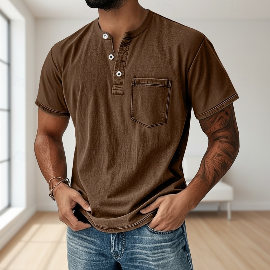 Men's Henley Shirt 100% Cotton Acid Wash Shirt T shirt Tee Short Sleeve Solid Retro Vintage Casual Vintage Style Washed Henley Casual Summer Spring Fall Black Pink Light Green Henley T-Shirt 2026 - $31.99 –P6