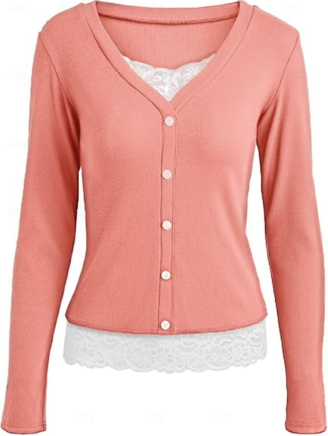 Mulheres Blusa Renda Patchwork Botões Côr Sólida Elegante à moda Casual Manga Longa Decote V Tops regulares Diário Preto Rosa Vermelho Marron Verde Primavera Outono Inverno de 2026 por $25.99 –P9