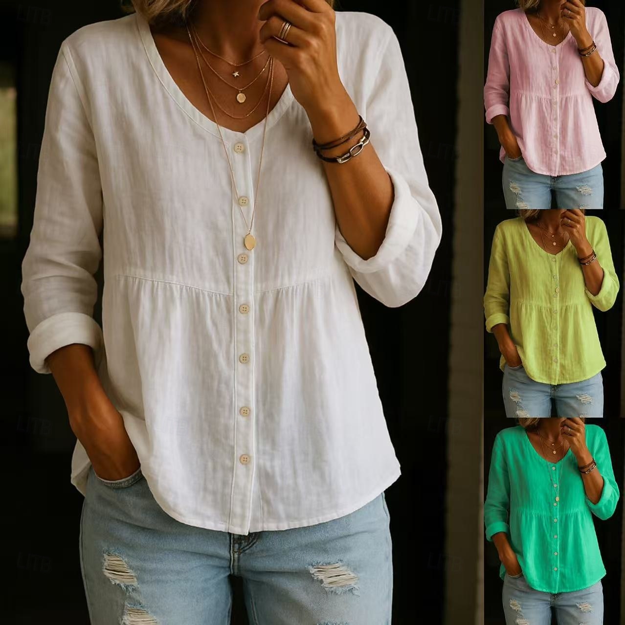 Blusa de Algodón y Lino para Mujeres Botones Color Sólido Elegante Casual Manga Larga Cuello en V Tops Regulares Diario Blanco Amarillo Rosa Verde Verano Primavera Otoño 2026 - $21.99 –P1