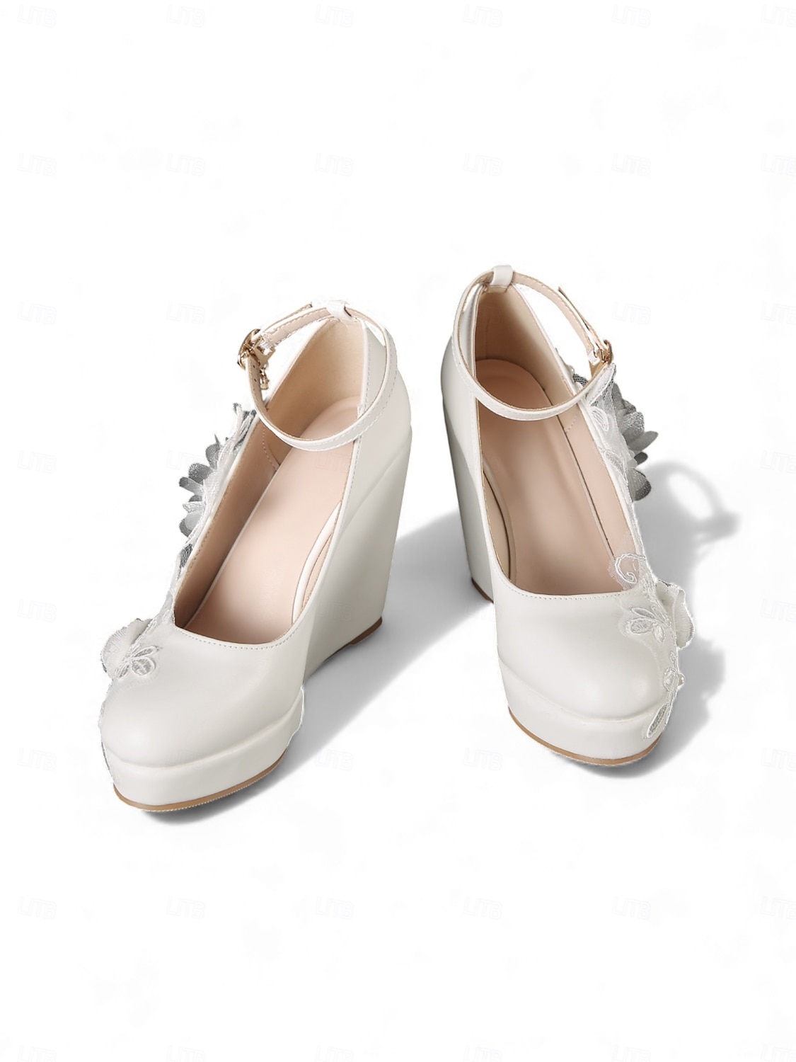Zapatos de boda de cuña con encaje floral color marfil para mujer: tacones de plataforma con correa en el tobillo, estilo romántico y elegante para novias en bodas urbanas. 2026 - $59.99 –P3