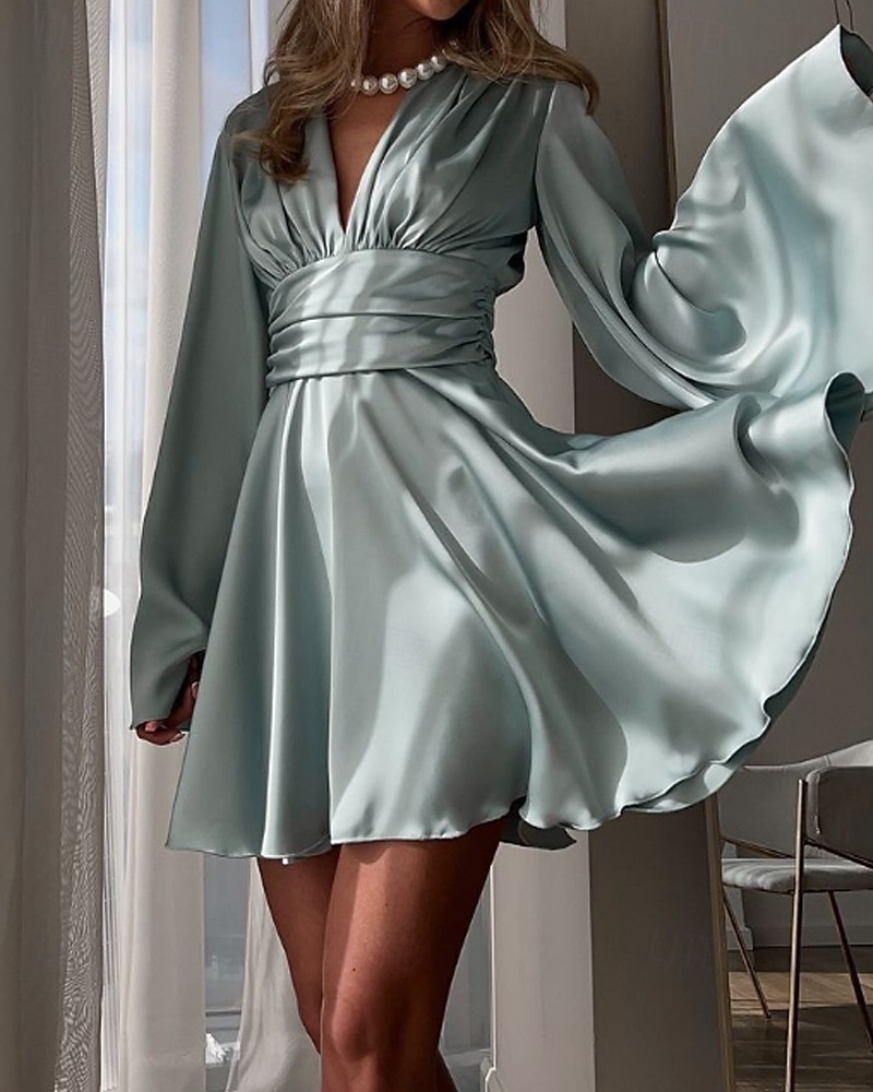 Naisten Mini mekko Satiini mekko Tanssiaispuku Juhlamekko Coctail-asu Muoti Moderni Iltajuhlat Juhla Cocktailjuhla Normaali Tavallinen Pitkähihainen V kaula-aukko Musta Ruskea Apila Harmaa Kevät Syksy 2026 - $41.99 –P14