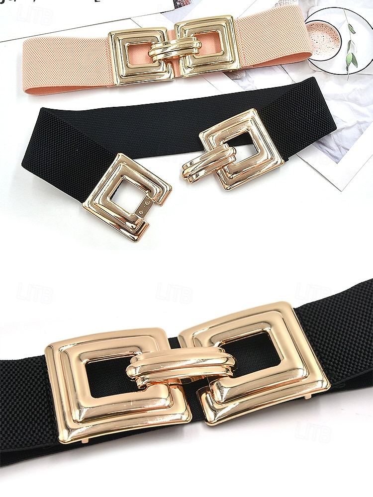 Эластичный нейлоновый пояс для женщин с квадратной золотой пряжкой, доступен в нескольких цветах, идеально подходит как для повседневной носки, так и для торжественных случаев. 2026 - $14.99 –P9