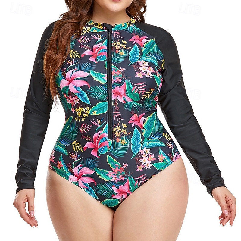 Pentru femei Costum de baie One Pieces Protecție anti-erupții cutanate mărime mare Floral Tropical Inchide fermuarul Protecție UV Elastic Manșon Lung Costume de Baie Surfing Plajă Vacanță Vară 2026 - $27.99 –P6