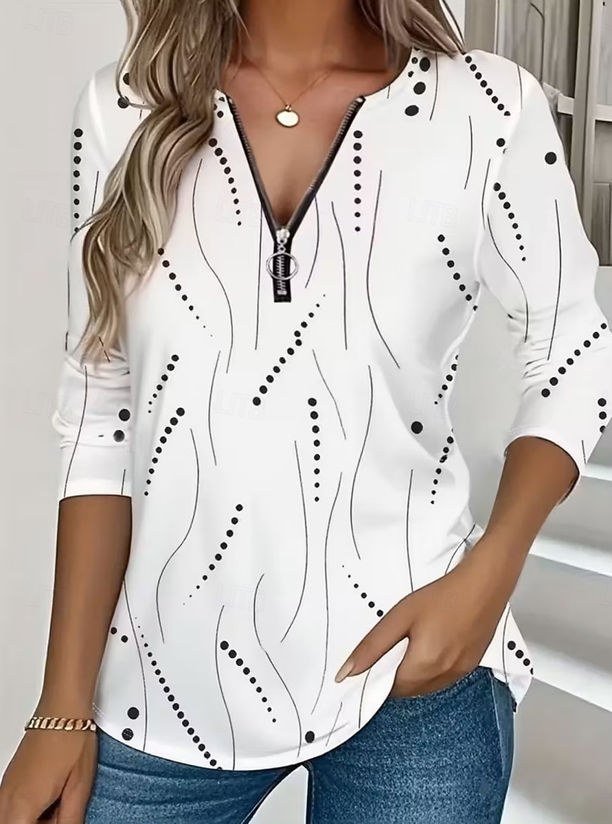 Dam T-shirt Dragkedja Mönster Grafisk Geometrisk Vintage Mode Stylish Långärmad Rund hals V-hals Vanliga toppar Dagligen Blå Vit Gul Rodnande Rosa Rubinrött Vår Höst Vinter 2026 - $25.99 –P1