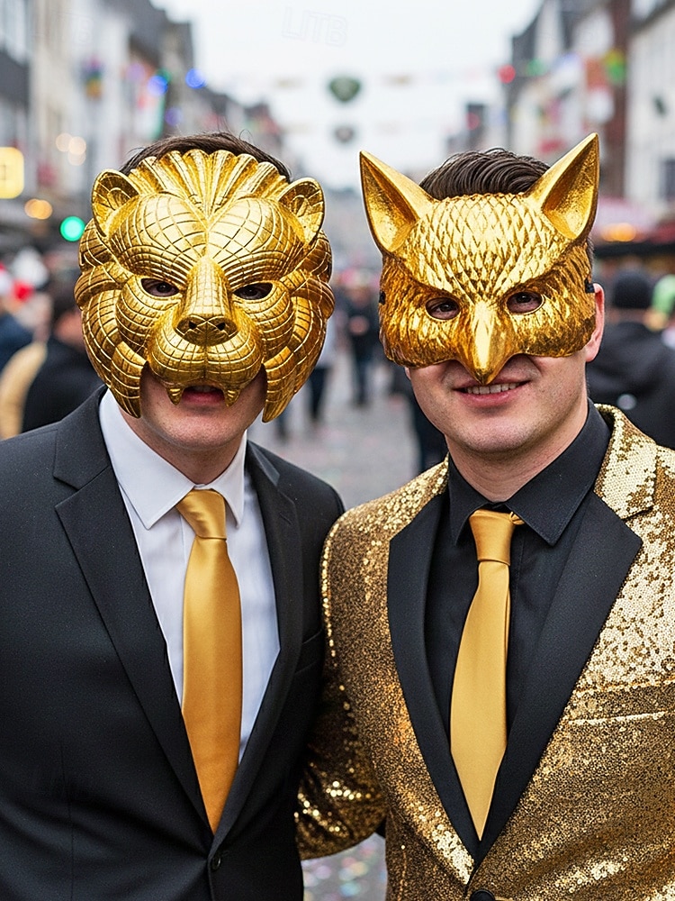 Maschera per carnevale in plastica metallica multi-stile per uomo – Costumi da leone volpe e tigre in oro per carnevale e balli in maschera del 2026 a $24.99 –P1
