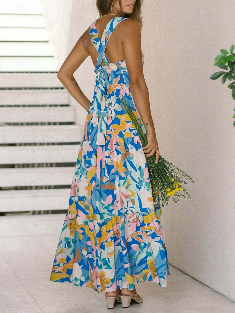 Damskie Sukienka maxi Sukienka A line Sukienka na ramiączkach Urlop Codzienny Na zewnątrz Wyjściowe Luźna Kwiaty Graficzny Bez rękawów Cienkie ramiączka Niebieski Błękit nieba Pomarańczowy Zielony 2026 - $33.99 –P22