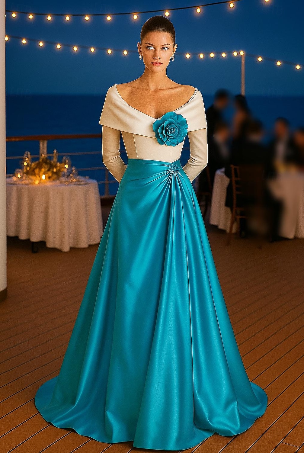 A-Line Floor Length Evening Gown Ball Gown Formal Dress Elegant Color Block Silky Long Sleeve Off Shoulder Wedding Formal Pocket Satin with Pleats Pocket Shouder Flower 2026 - $171.99 –P1