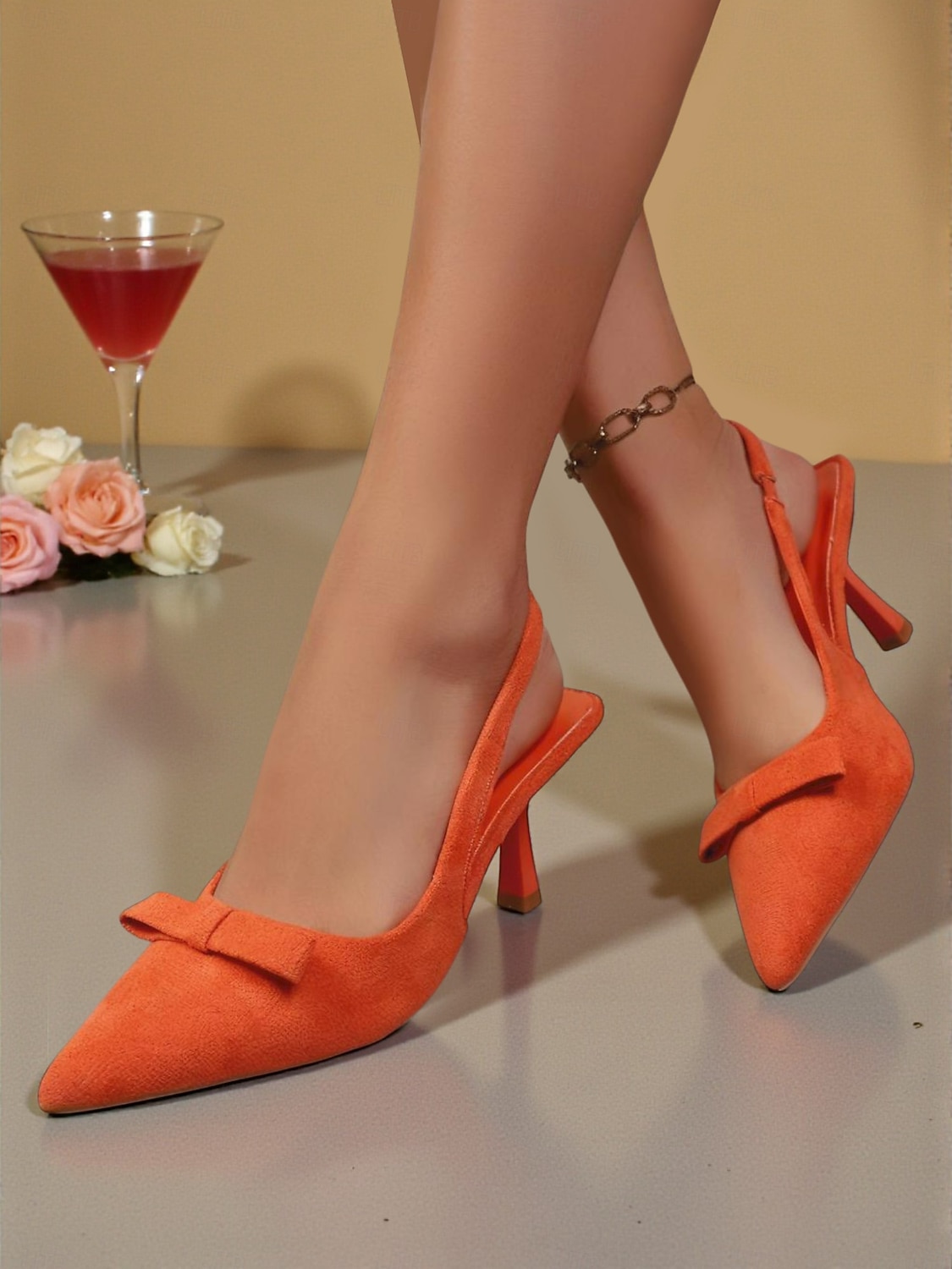 Zapatos de tacón con tira trasera y lazo de ante naranja para mujer: elegantes zapatos de punta puntiaguda para fiestas nocturnas y clubes de Año Nuevo. &celebraciones festivas 2026 - $32.99 –P3