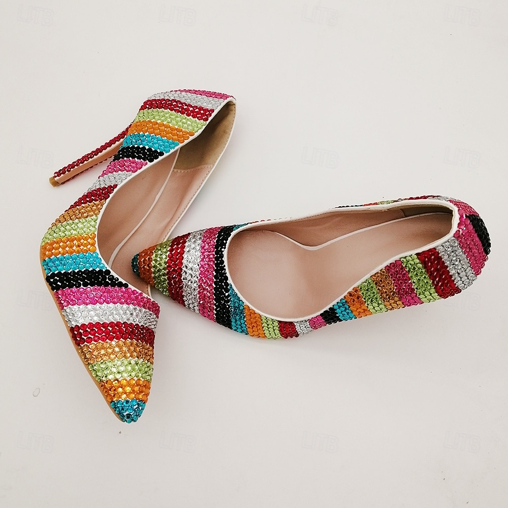 Women's Multicolor Rhinestone High Heels - Sparkling Striped Pointed Toe Pumps for Parties, Celebrations, and Special Events 2026 - $79.99 –P9
