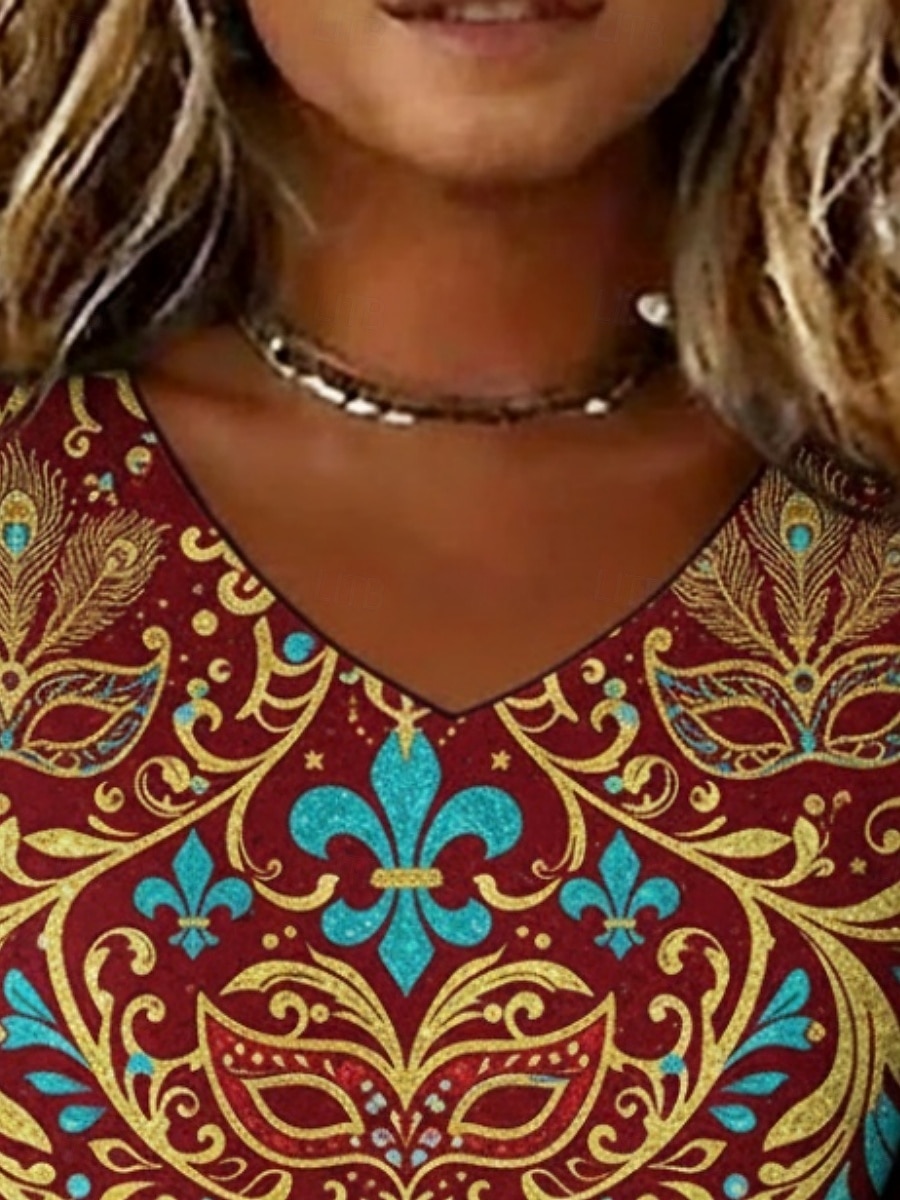 Carnevale Per donna Maglietta Stampato Floreale Grafico Vintage Casual Manica Corta Scollo a V Top Regolari Quotidiano Weekend Abbigliamento da vacanza Vino Estate Primavera del 2026 a $19.49 –P2