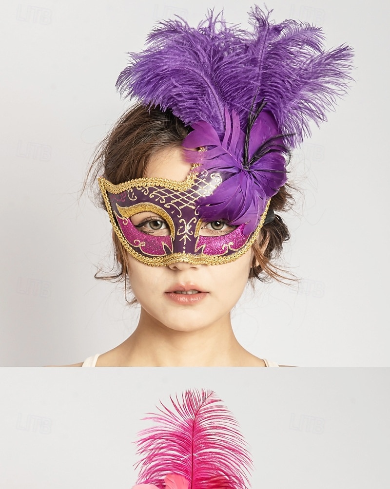 Women's Purple Feather Masquerade Mardi Gras Mask - Glitter Venetian Half-Mardi Gras Mask with Gold Trim for Carnival, Costume Balls & Glamorous Party Events 2026 - $24.99 –P2