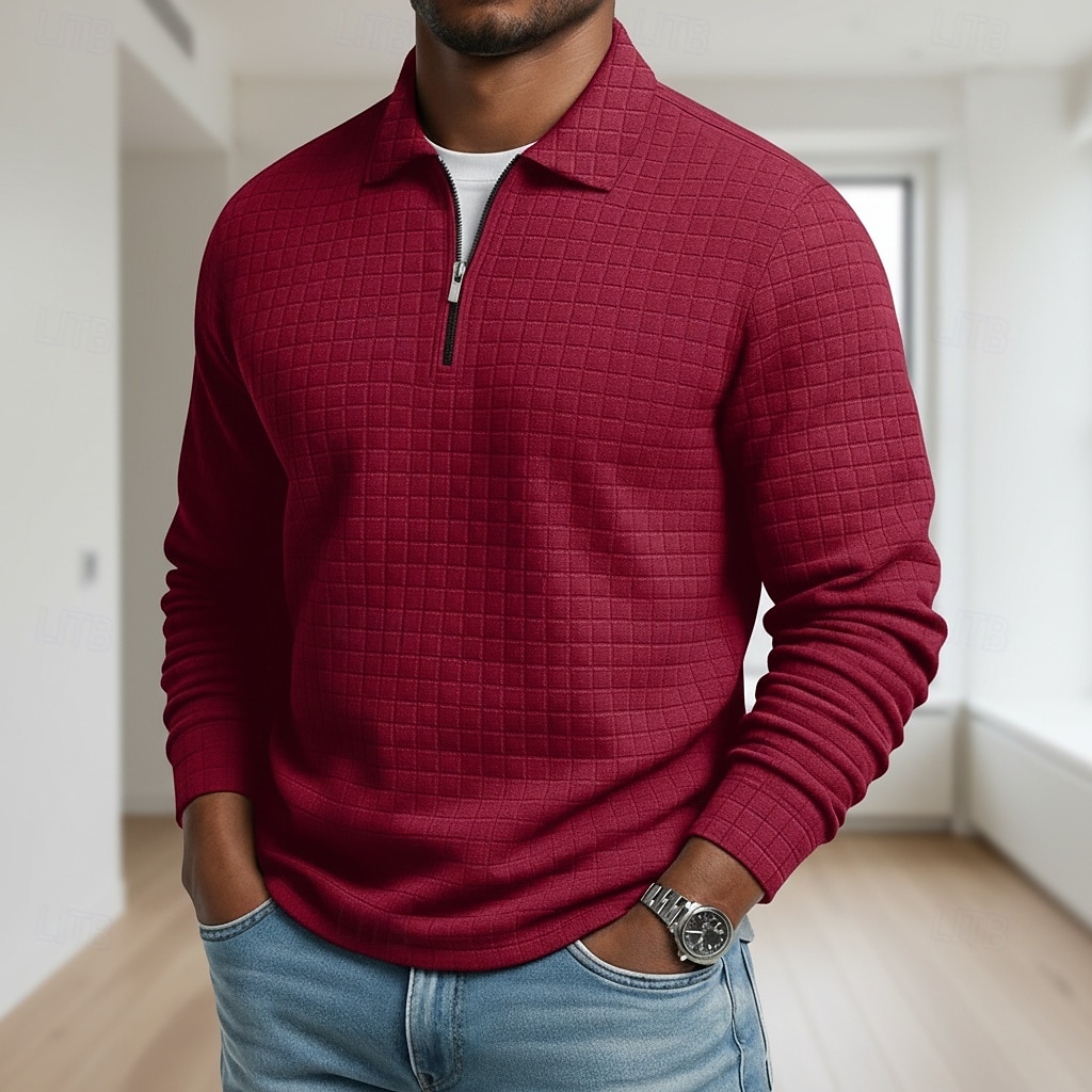 Homens Camisas Polo Waffle Textura Casual Ao ar livre Com Zíper Quarter Zip Manga Longa Moda Moderno Côr Sólida Textura Zip Up Primavera & Outono Todas as Estações Normal Preto Branco Vinho Azul de 2026 por $18.99 –P2